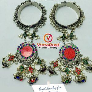 singleVintage Afghan Slave Bracelet with Multicolor Glass Stones and Bells
